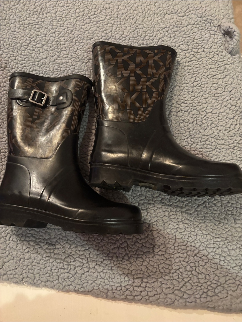 Michael Kors Girls' Black & Brown MK Logo Rain Boots